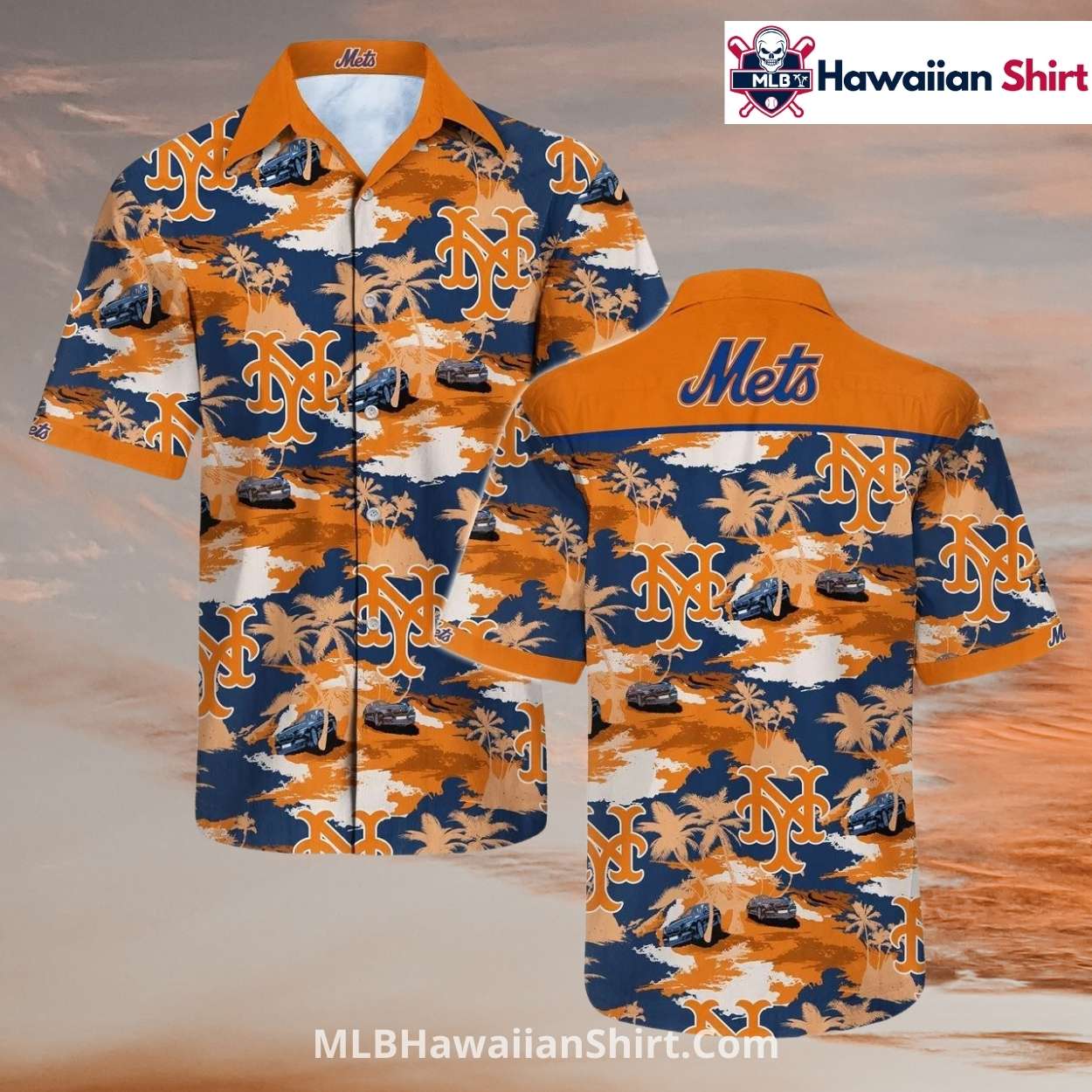 Orange Skyline NY Mets Hawaiian Shirt - Palm And Cars Print Orange Skyline NY Mets Hawaiian Shirt - Palm And Cars Print