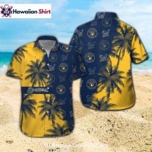 Palm Tree Brewers Hawaiian Shirt Blue And Yellow Beach