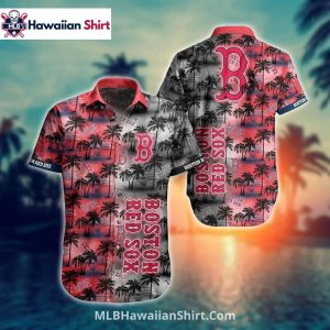 Palm Tree Sunset Red Sox Hawaiian Shirt In Black And Red
