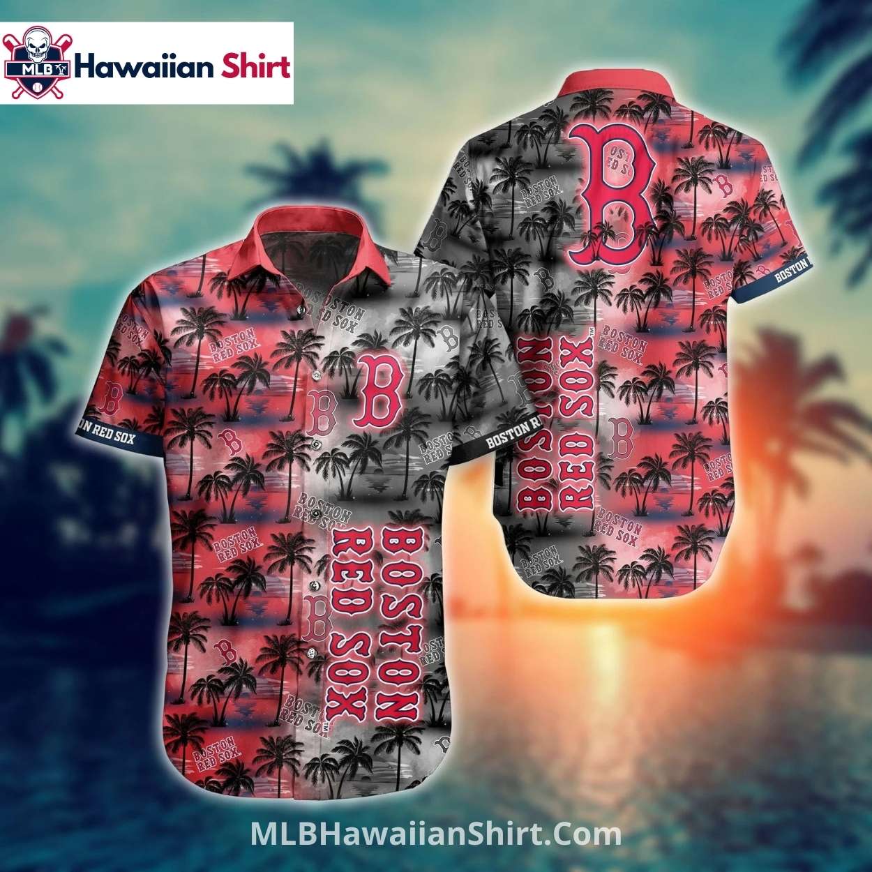 Palm Tree Sunset Red Sox Hawaiian Shirt In Black And Red Palm Tree Sunset Red Sox Hawaiian Shirt In Black And Red