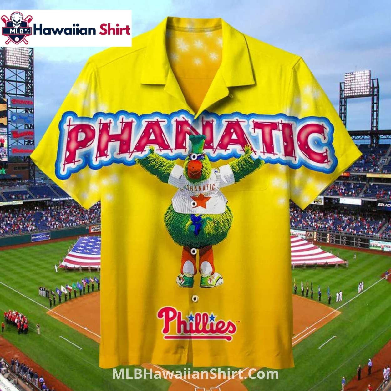 Phanatic Mascot Yellow Phillies Hawaiian Shirt Design Phanatic Mascot Yellow Phillies Hawaiian Shirt Design