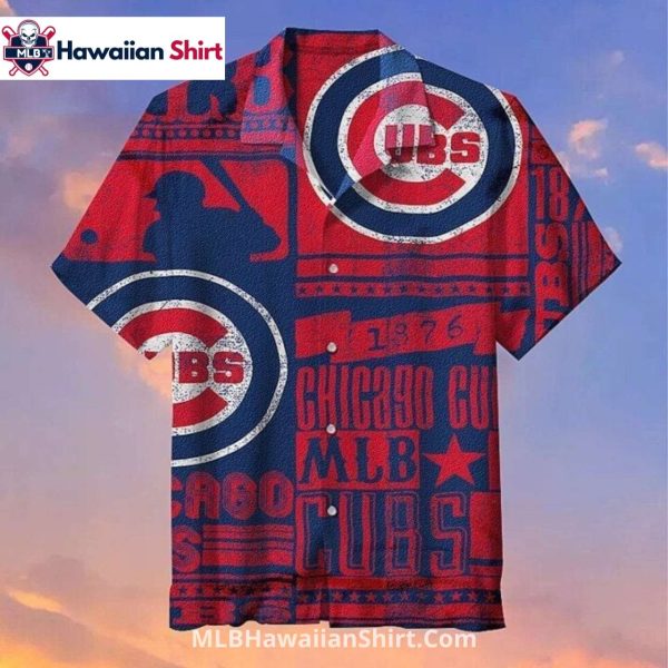 Red And Navy Vintage Look Cubs Hawaiian Shirt With MLB Print