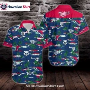 Red Collar Palm Island Print Twins Hawaiian Shirt