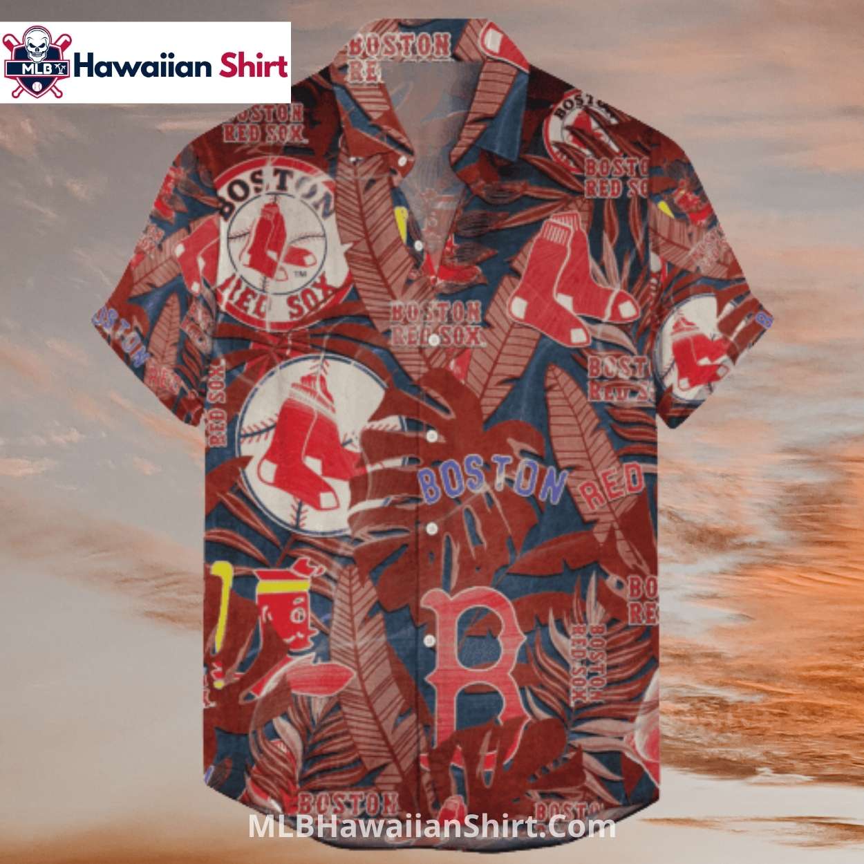 Red Leafy Boston Red Sox Aloha Shirt With Jungle Vibes Red Leafy Boston Red Sox Aloha Shirt With Jungle Vibes