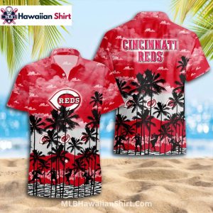 Red Sky Palm Tree Silhouette Cincinnati Reds Aloha Shirt