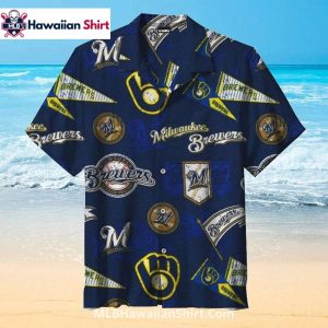 Retro Pennants Brewers Hawaiian Shirt Navy Collage Style