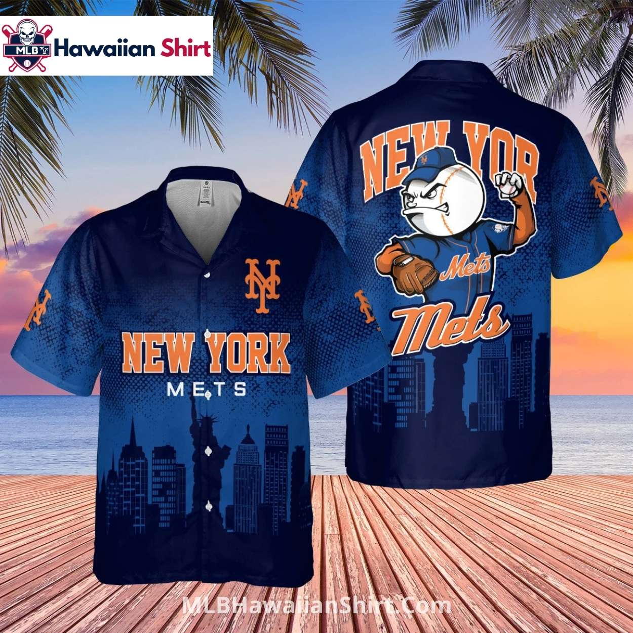 Skyline With Mascot New York Mets Hawaiian Shirt Skyline With Mascot New York Mets Hawaiian Shirt