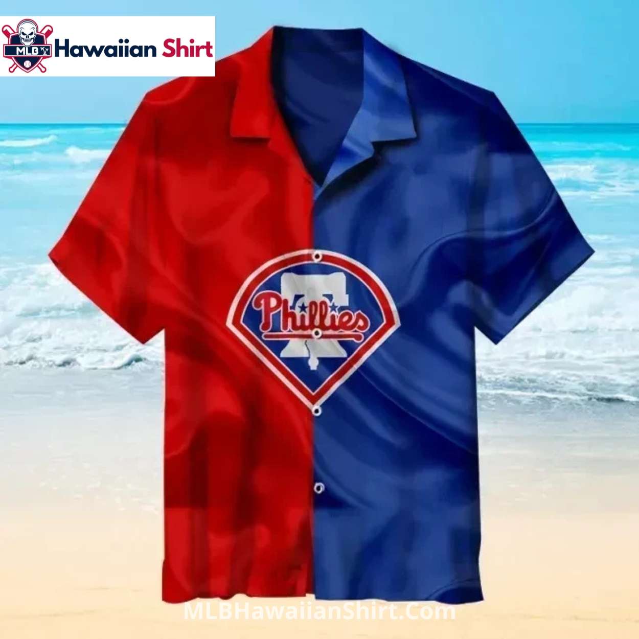 Split Color Bold Logo Phillies Hawaiian Shirt In Red Blue Split Color Bold Logo Phillies Hawaiian Shirt In Red Blue