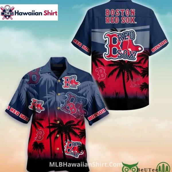 Split Navy Red Sox Hawaiian Shirt With Sunset And Palms
