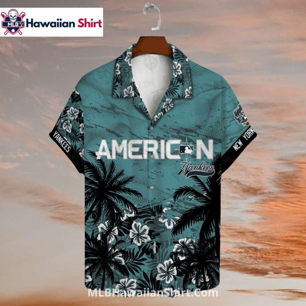 Teal Palm Tree NY Yankees Hawaiian Shirt With American Logo