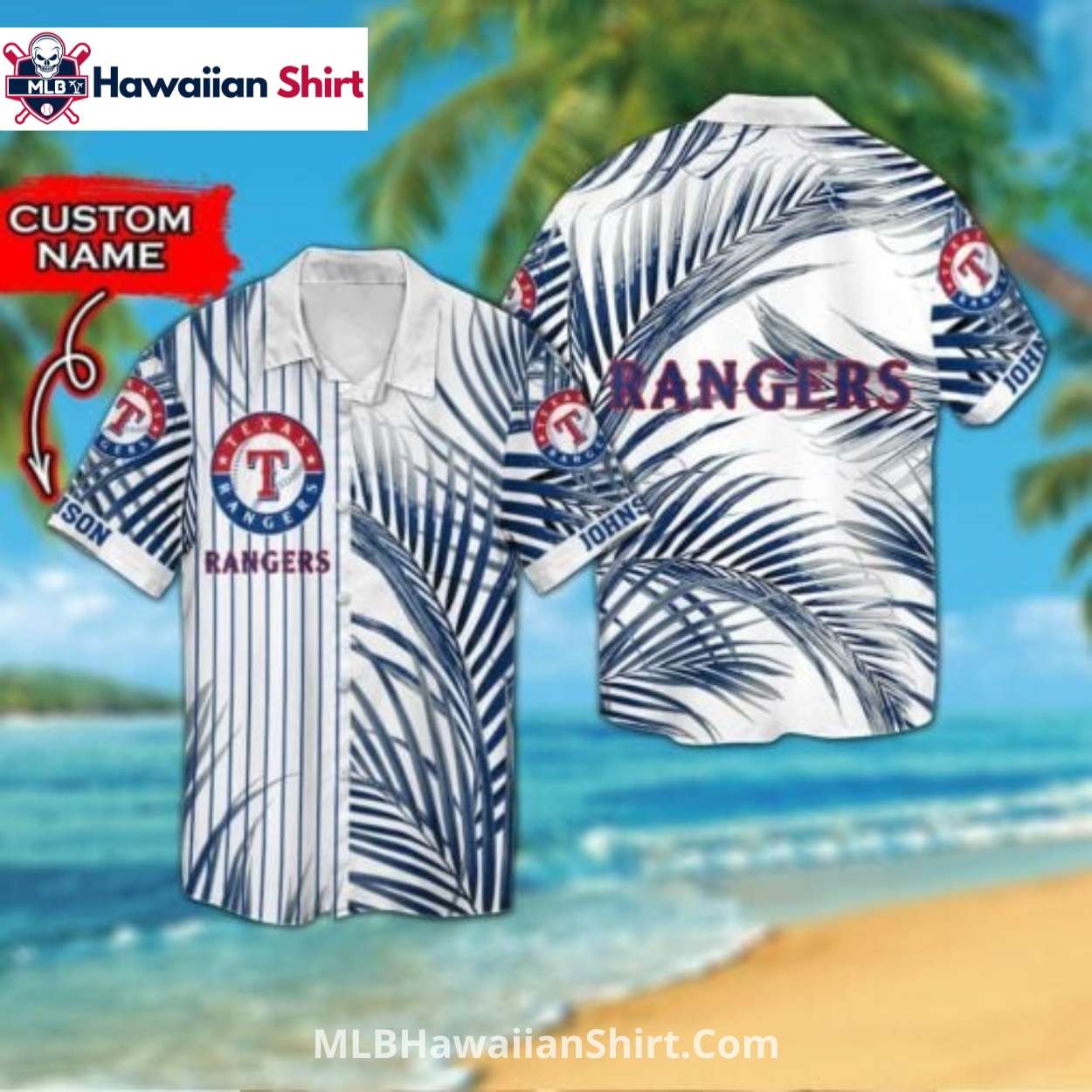 Texas Rangers Aloha Shirt With Pinstripes And Palm Leaves Texas Rangers Aloha Shirt With Pinstripes And Palm Leaves