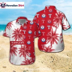 Texas Rangers Aloha Shirt With Red Palms And Logo Pattern