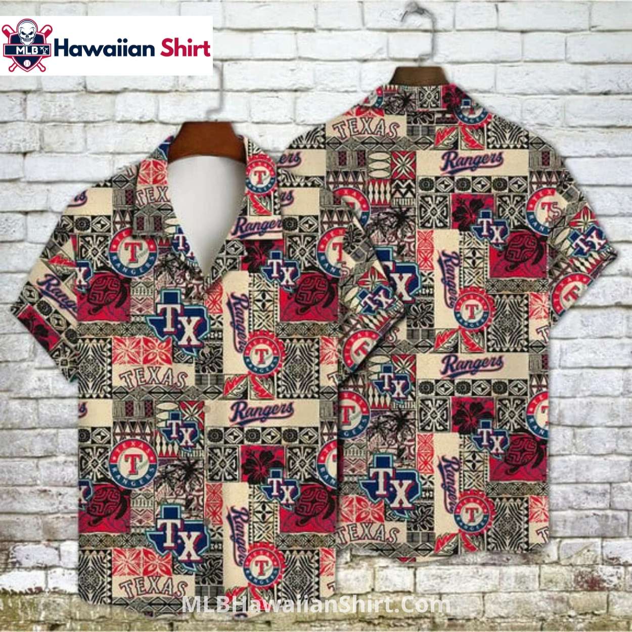 Texas Rangers Aloha Shirt With Tribal Patchwork Logo Print Texas Rangers Aloha Shirt With Tribal Patchwork Logo Print