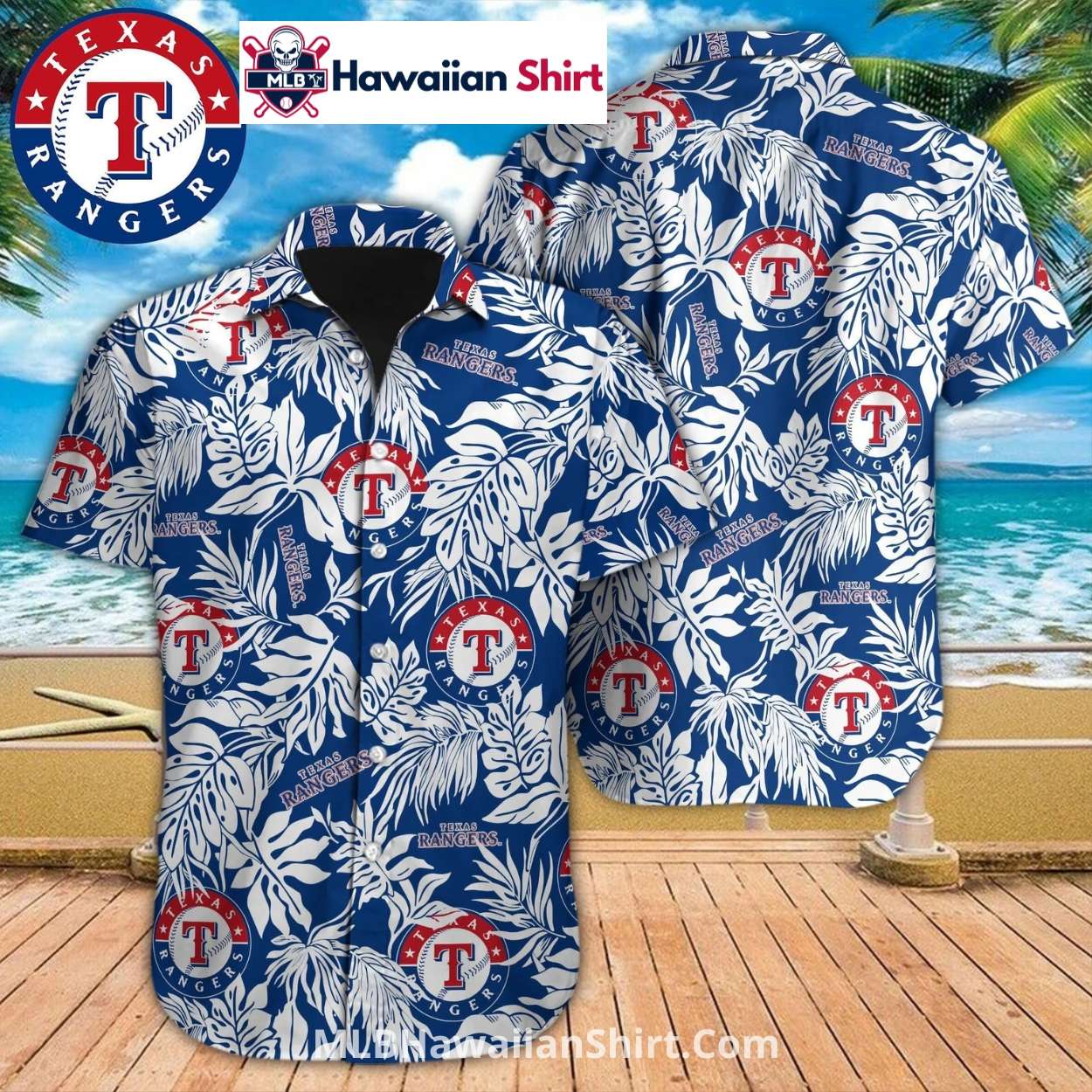 Texas Rangers Hawaiian Shirt With Bold Leaf Pattern Design Texas Rangers Hawaiian Shirt With Bold Leaf Pattern Design