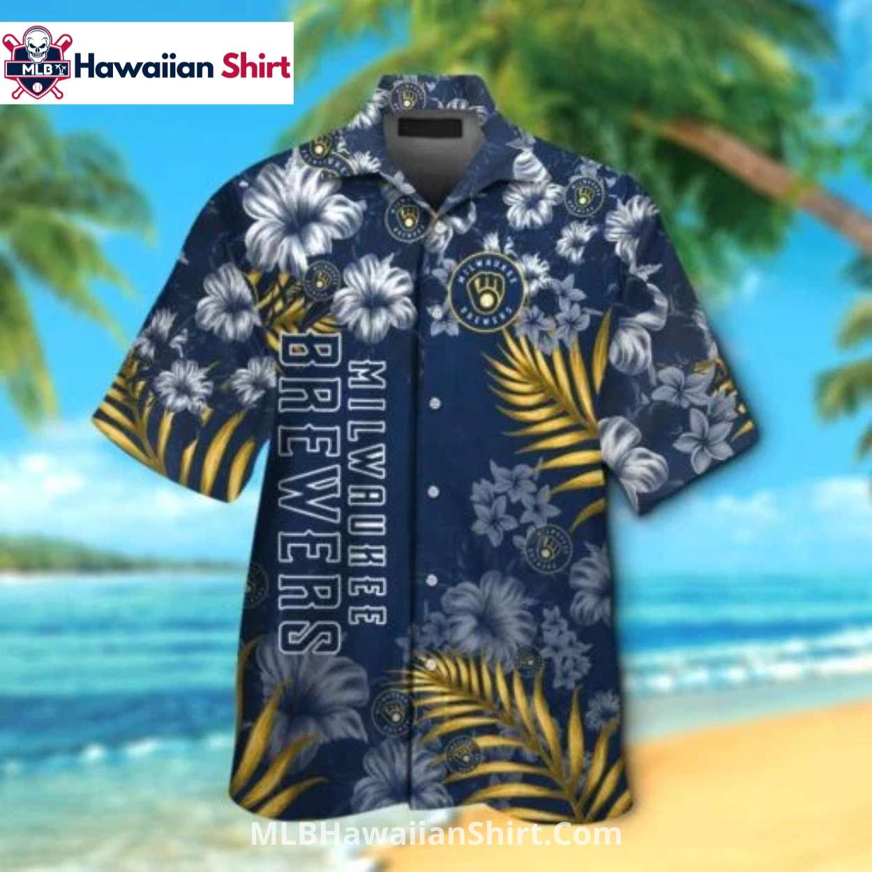 Tropical Floral Milwaukee Brewers Aloha Shirt Navy Gold Tropical Floral Milwaukee Brewers Aloha Shirt Navy Gold
