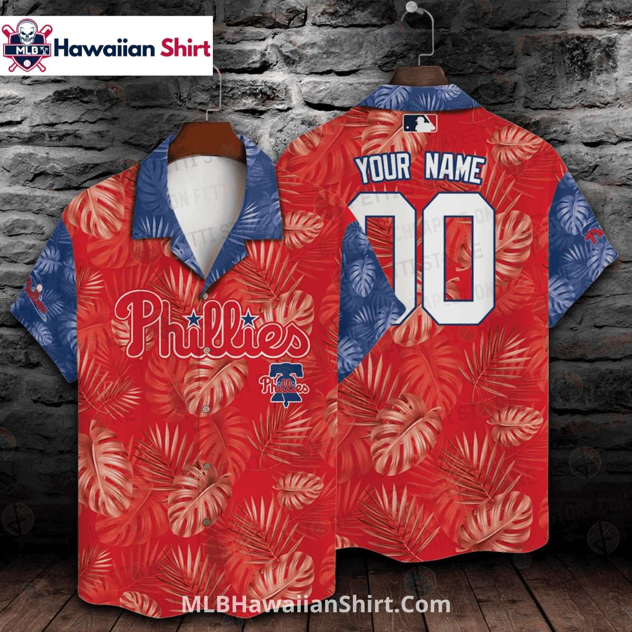 Tropical Leaf Red Phillies Aloha Shirt With Name Option Tropical Leaf Red Phillies Aloha Shirt With Name Option