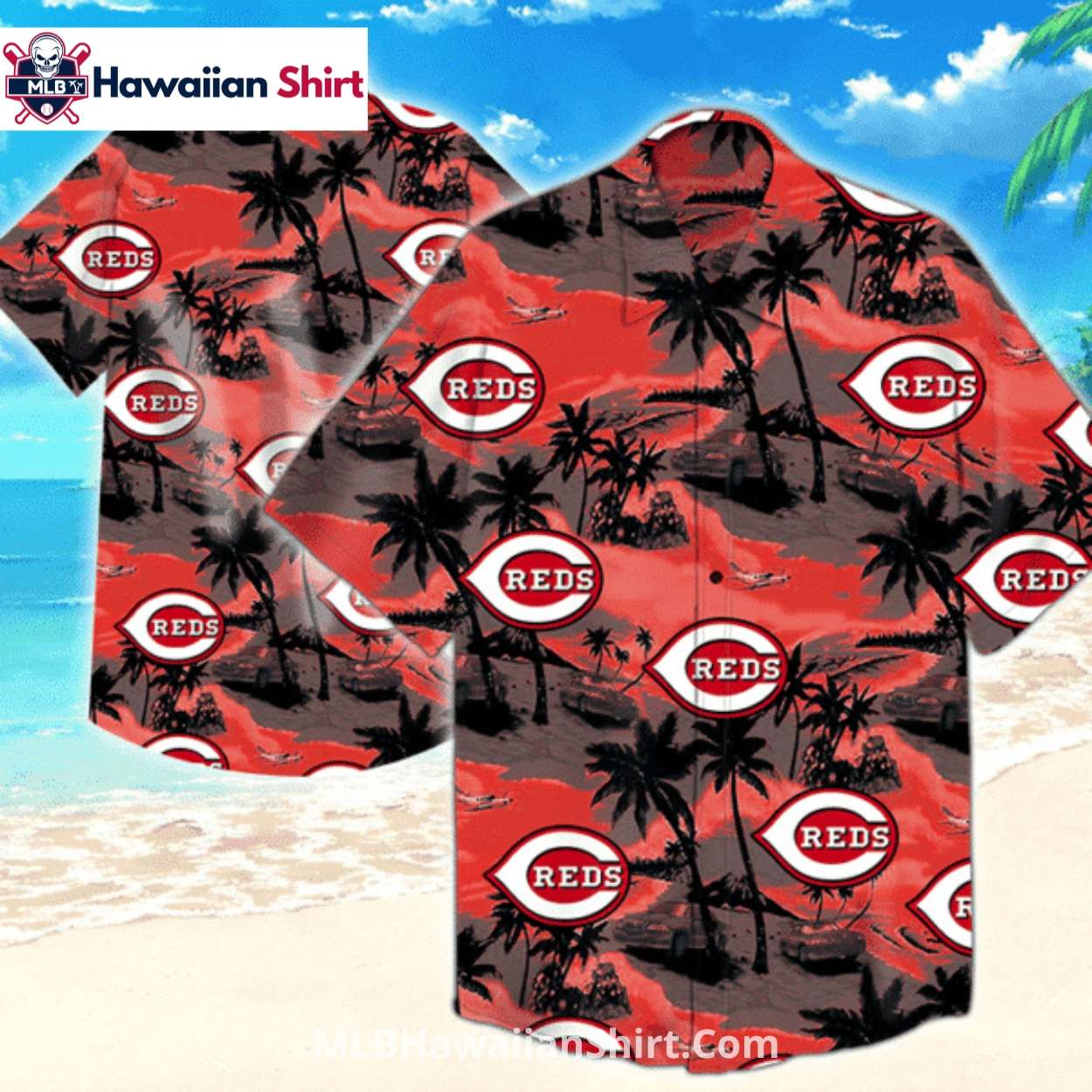 Tropical Sunset Scene Cincinnati Reds Aloha Shirt Tropical Sunset Scene Cincinnati Reds Aloha Shirt
