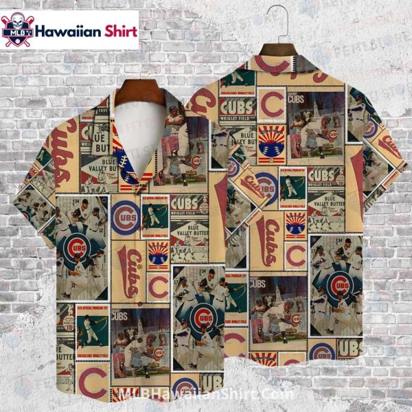 Vintage Cubs Aloha Shirt With Baseball Poster Collage Art