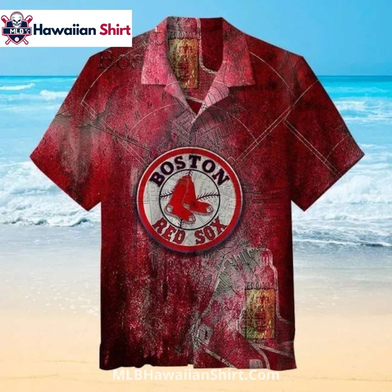 Weathered Map Design Boston Red Sox Aloha Shirt In Red Weathered Map Design Boston Red Sox Aloha Shirt In Red