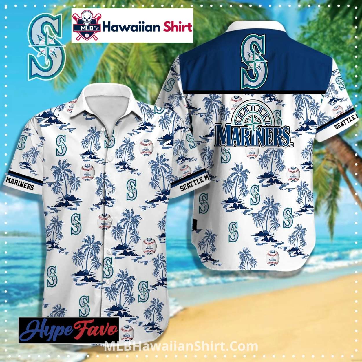 White Palm Pattern Seattle Mariners Aloha Shirt White Palm Pattern Seattle Mariners Aloha Shirt