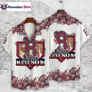 White Shield Emblem Red Sox Aloha Shirt With Floral Trim